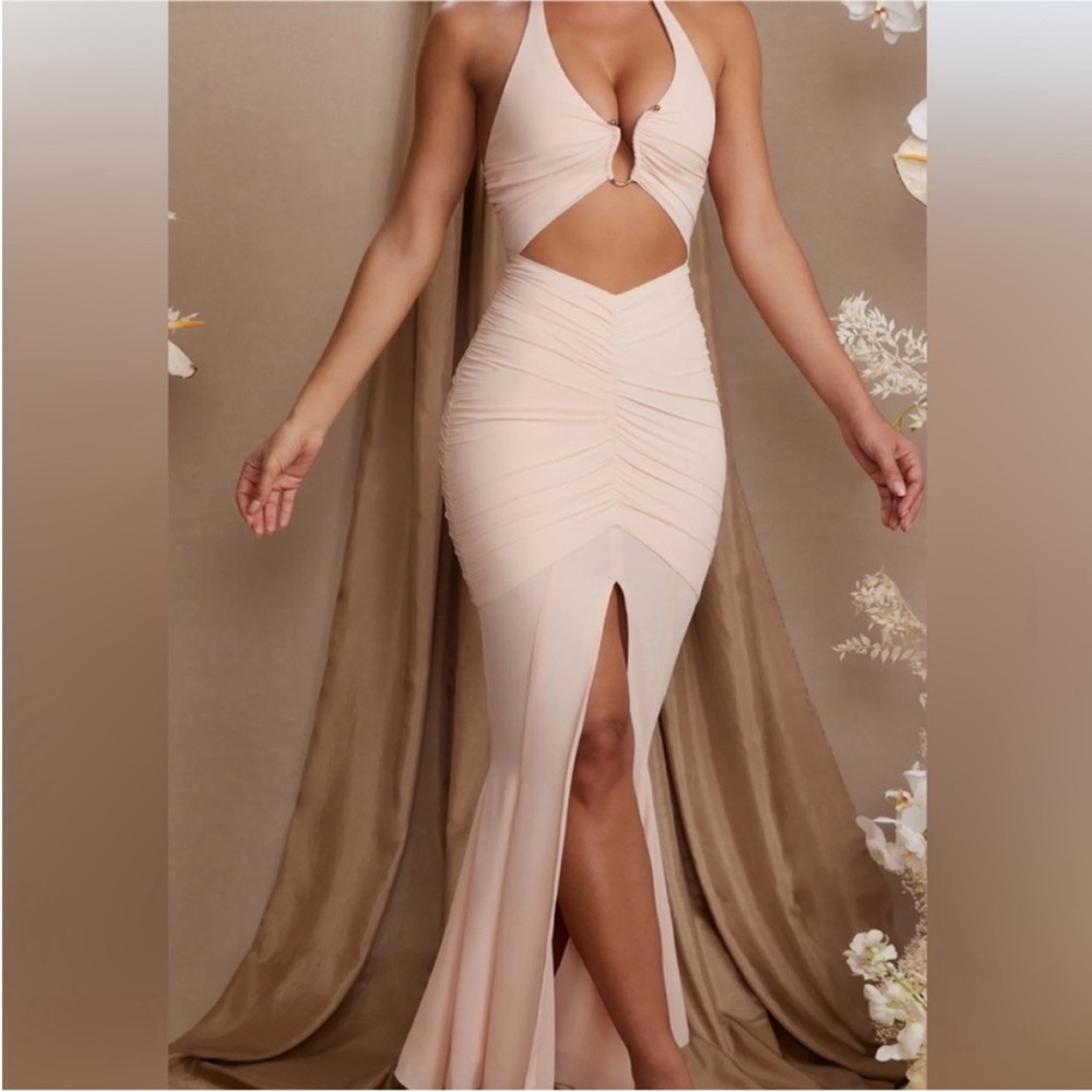 Oh Polly Cream Halter Neck Ruched Dress